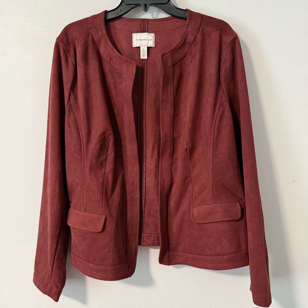 Charter Club Burgundy Faux Suede Blazer Open‎ Front Jacket Flap Pockets XL